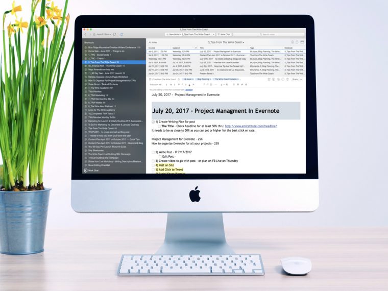 Evernote, Project Management, The Write Coach, How to do project Management in Evernote, Writing Projects, How to organize writing projects.